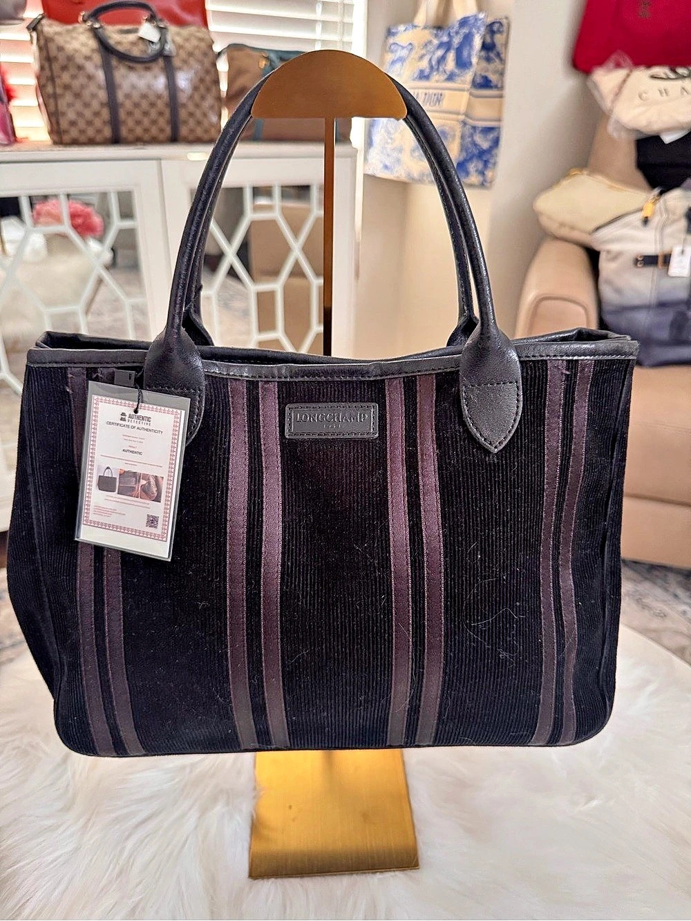 Long champ Black Velvet/Corduroy Striped Tote/Handbag